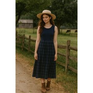 Vintage 14 Green Blue Plaid Pleated Skirt Tank Dress Y2K 90s Cottagecore Prairie